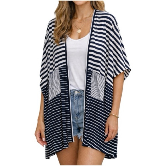 Hem & Thread Tops - Hem & Thread Black and White Striped Women’s Kimono Cardigan - One Size
